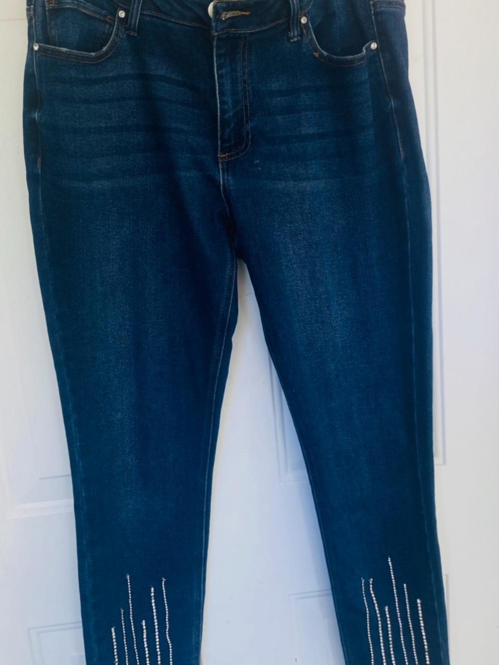 Dark Blue Skinny Jeans with Rhinestone Hem Detailing